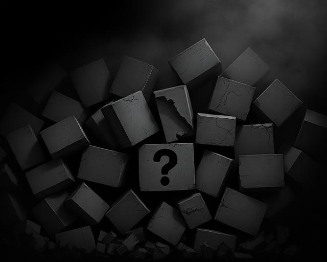 Broken concrete blocks with a question mark