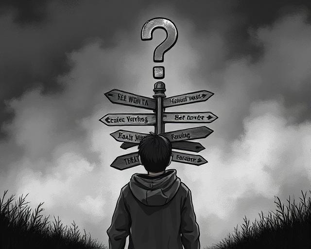 Person lost at a crossroads of signs
